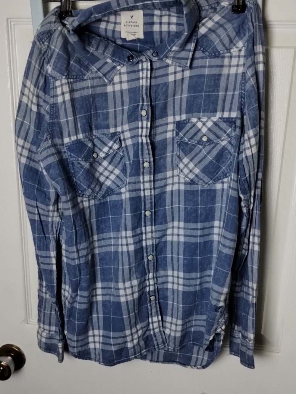 American Eagle Outfitters Blue and White Plaid Button-Up Shirt